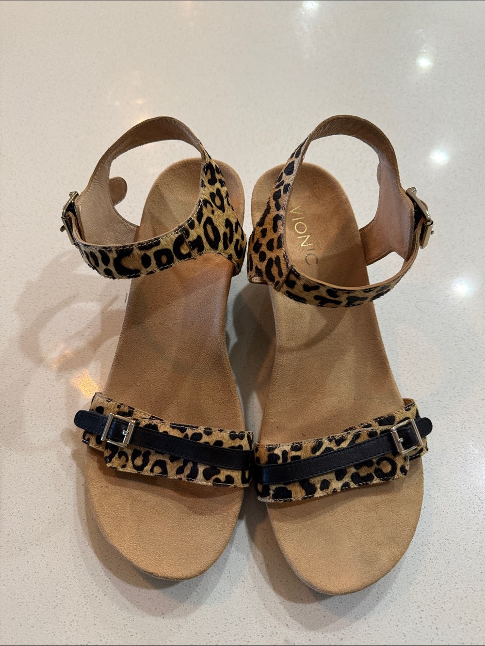 Vionic Leopard Print Ankle-Strap Sandals in Tan/Black Size 9